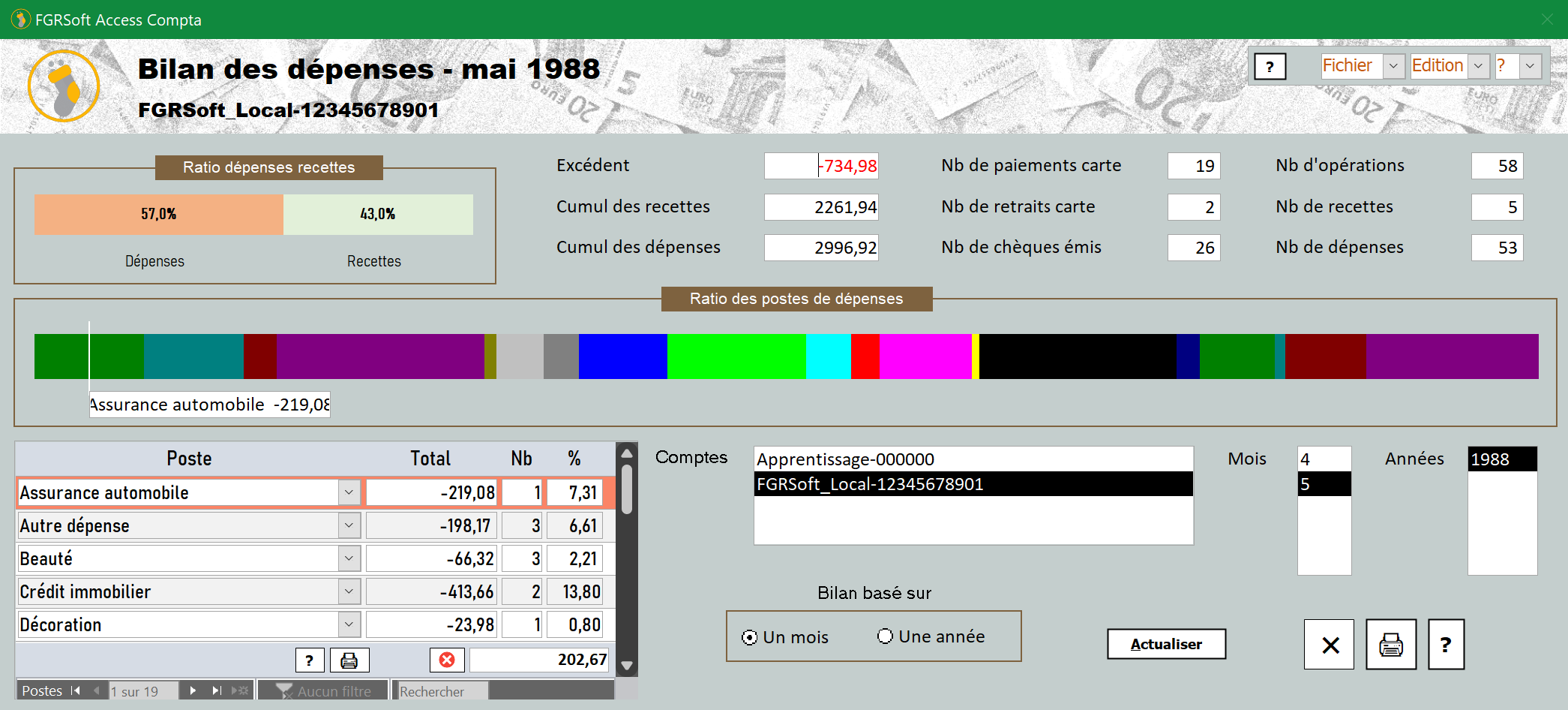 Fenêtre du bilan mensuel ou annuel des dépenses