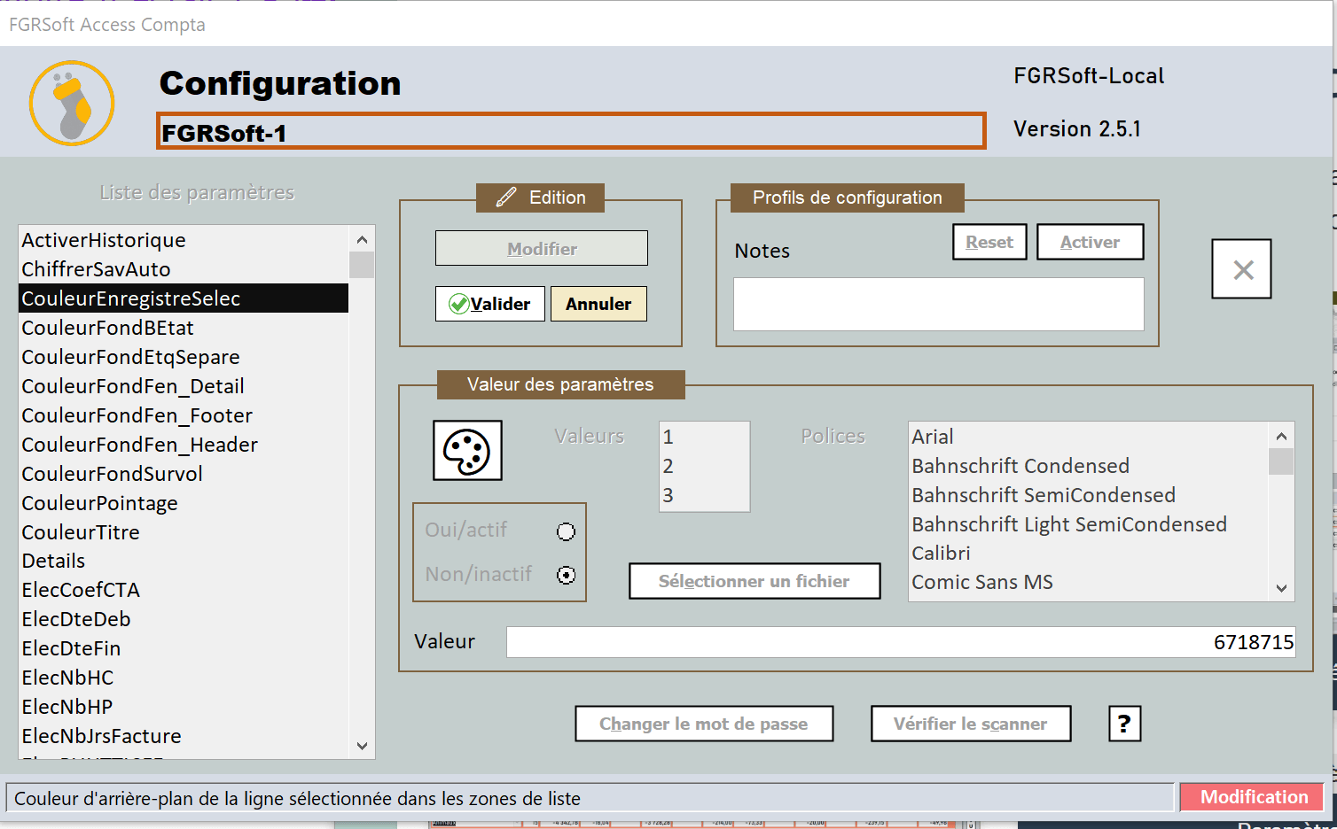 Fenêtre de la configuration du logiciel