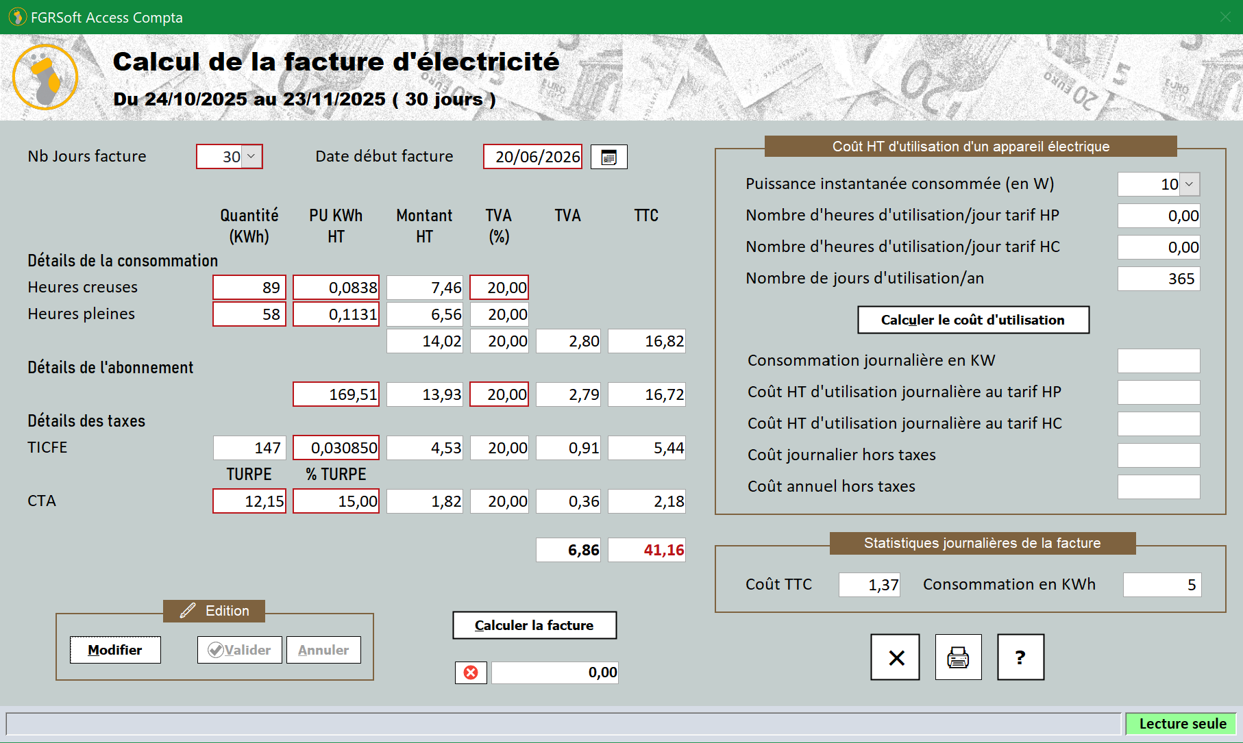 Calcul de la facture d'électricité