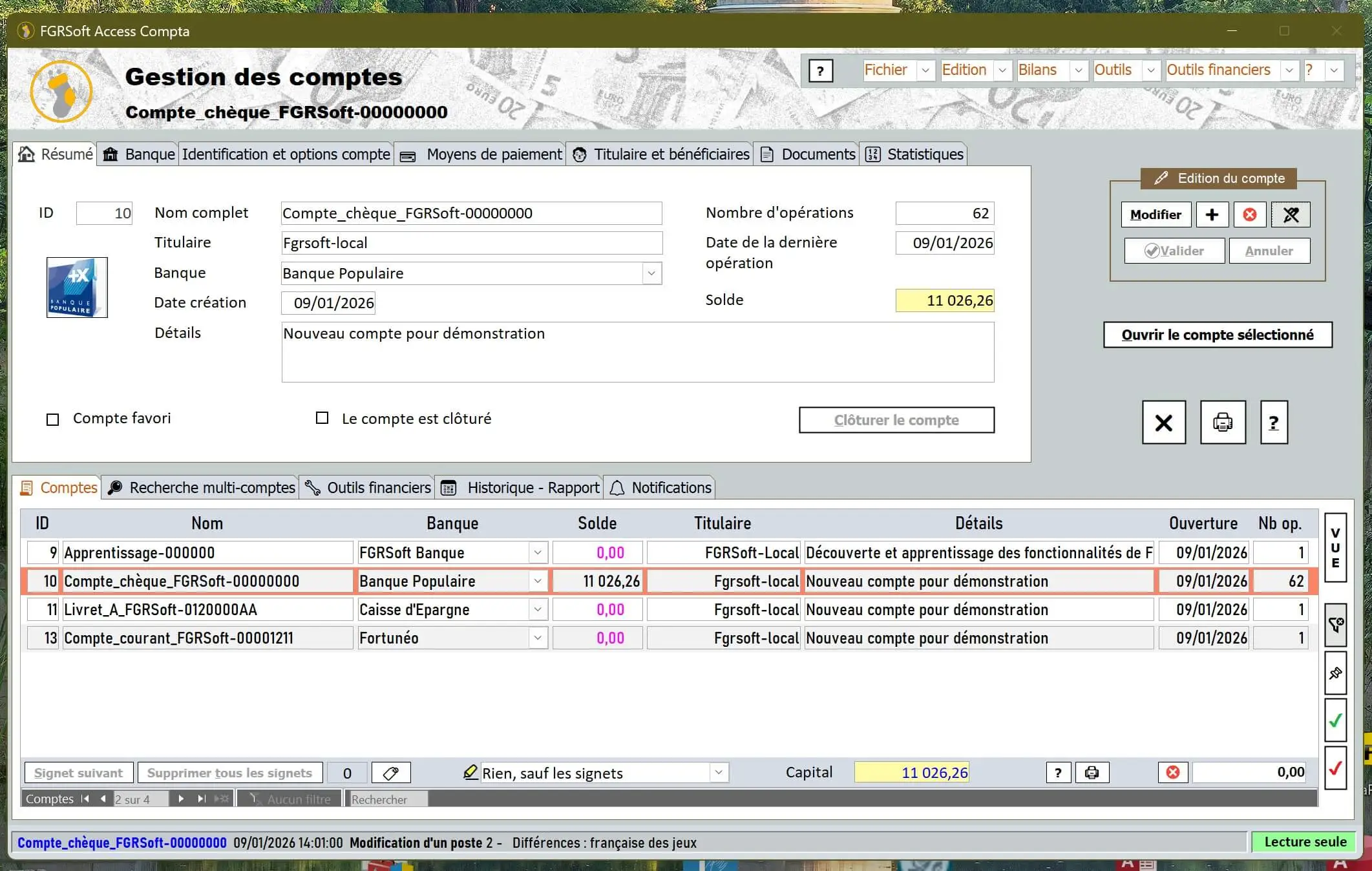 Fenêtre de la gestion des comptes
