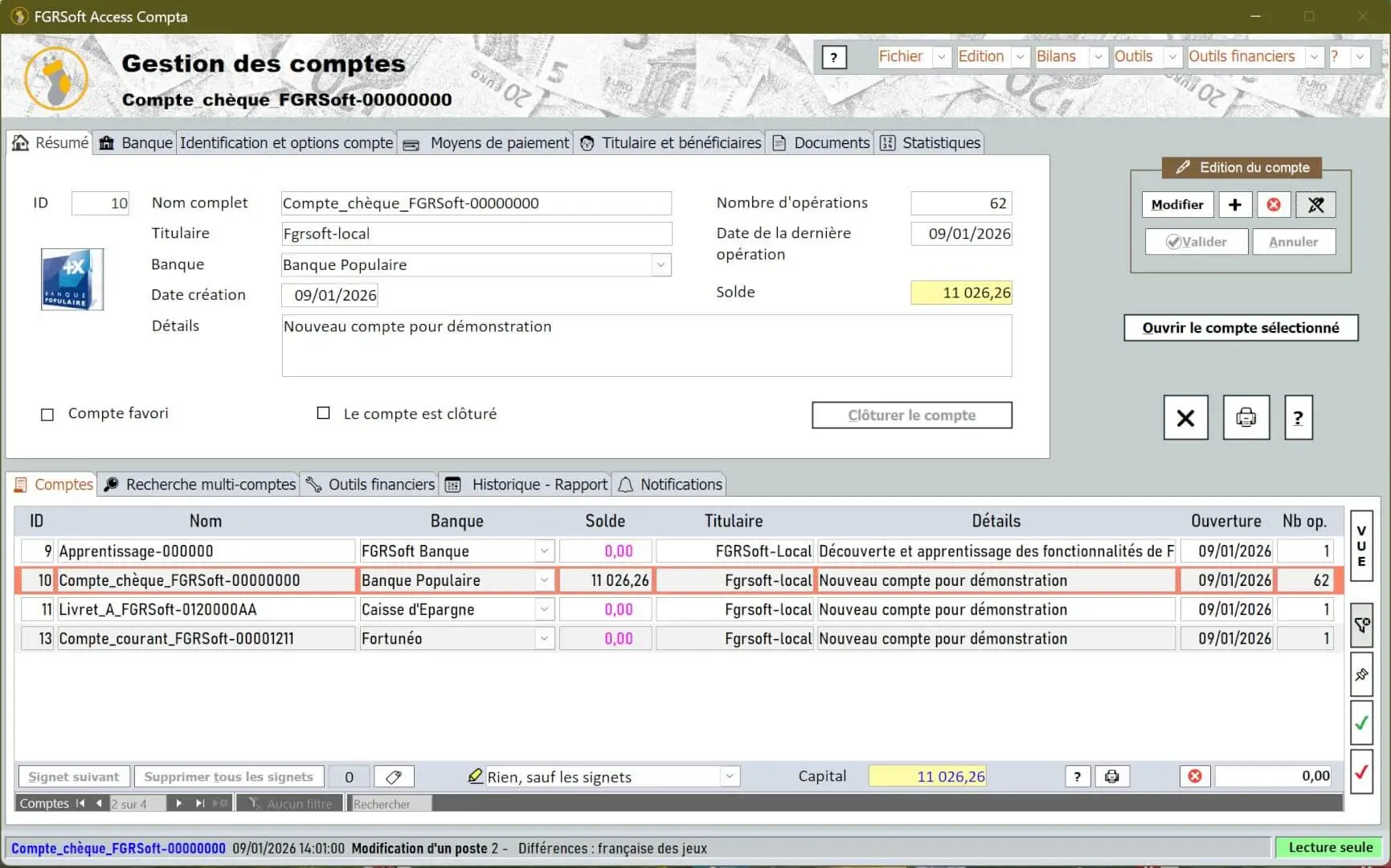 Fenêtre de la gestion des opérations